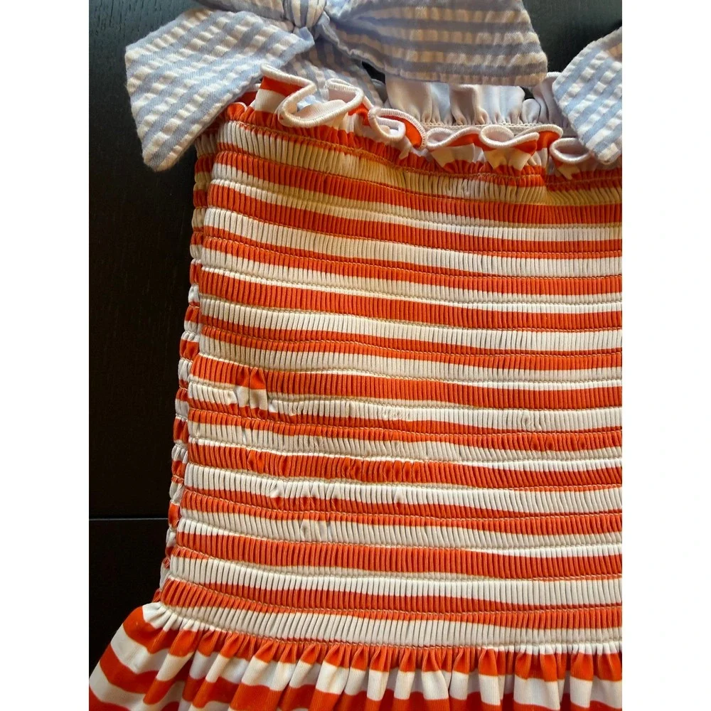 BB Baby Crab Smocked Sundress Girls Size 7 Striped Bow Sleeves Summer Resortwear - Picture 12 of 15